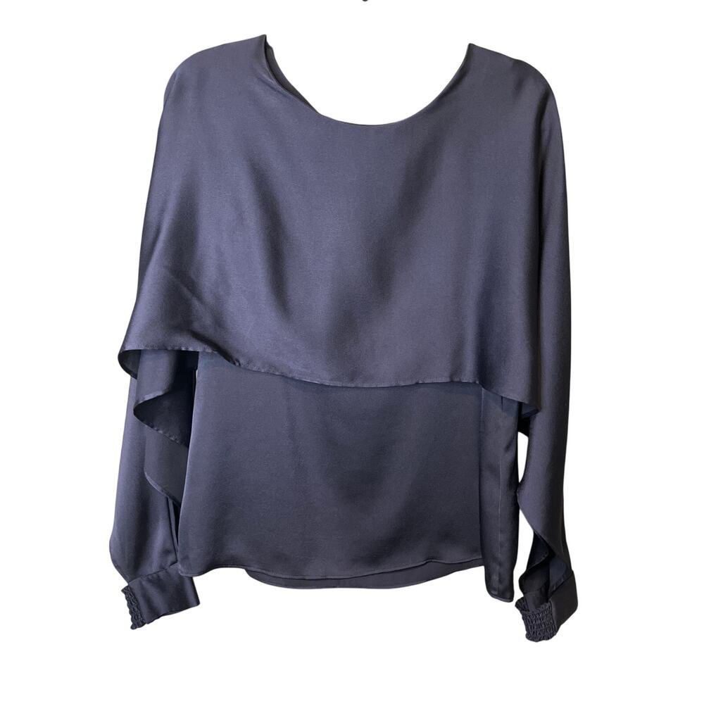 DKNY Navy Satin Drape Blouse with Cuffed Sleeves Ladies Size Medium